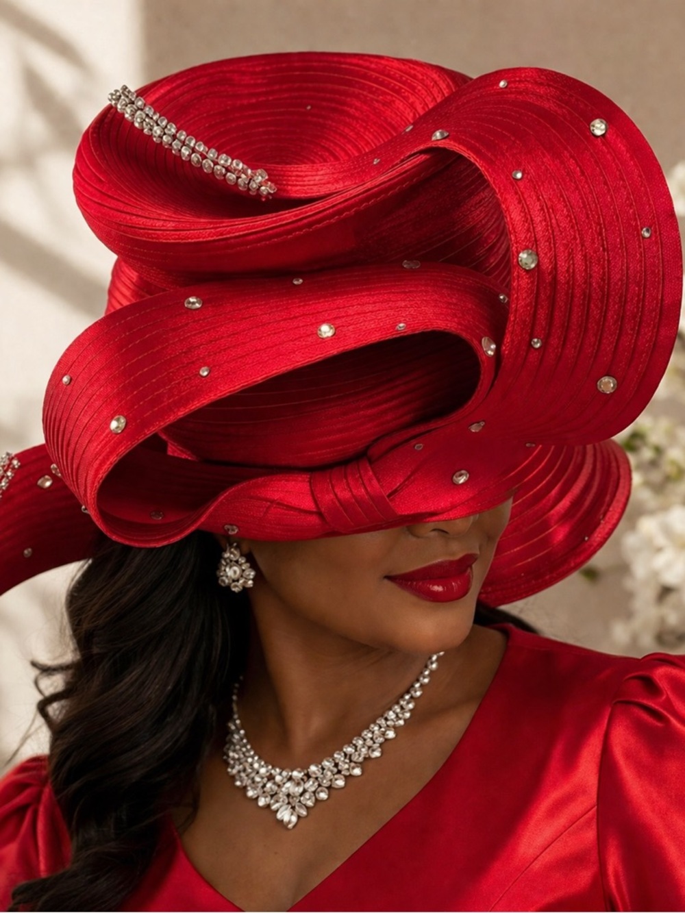 Lisa Rene Red Rhinestone Church Hat Kentucky Derby Wide Brim Statement Hat
